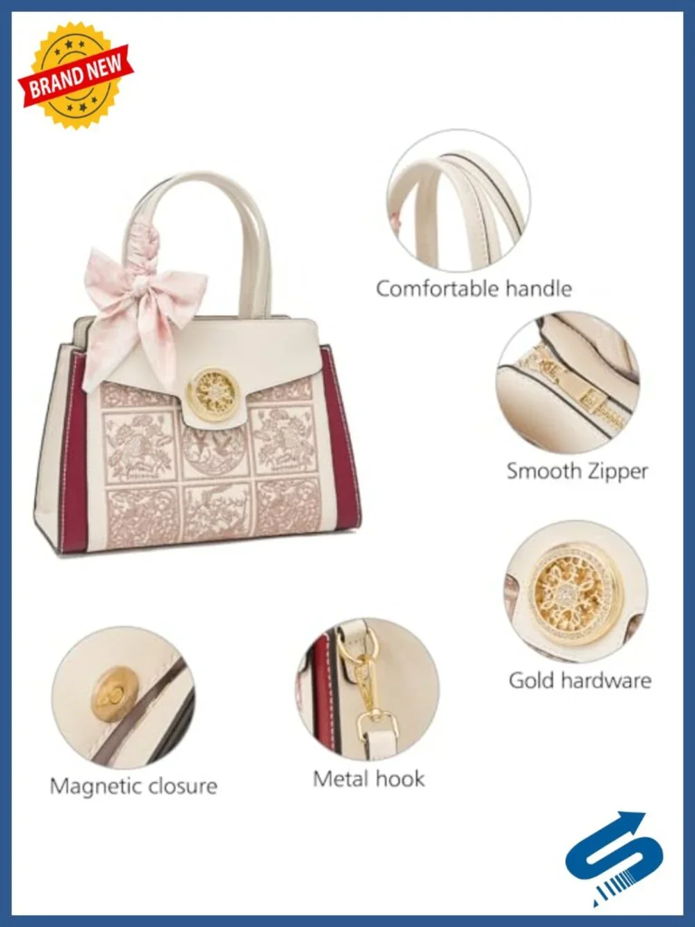 Leather Tote Handbag with Embroidery, Crossbody Purse with Fox Head Pendant